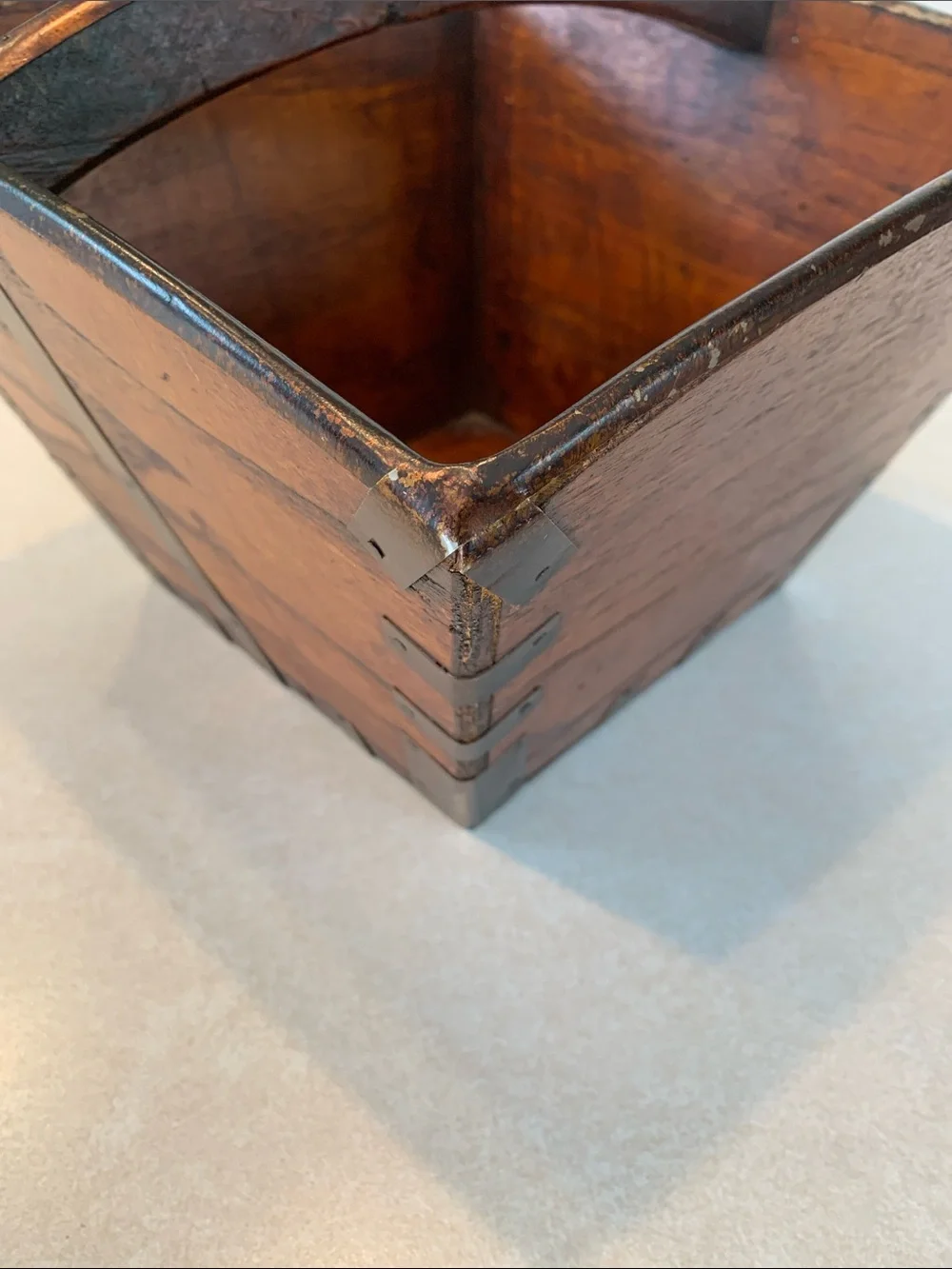 Oriental Asian Wood Rice/Harvest Style Basket with Metal Straps